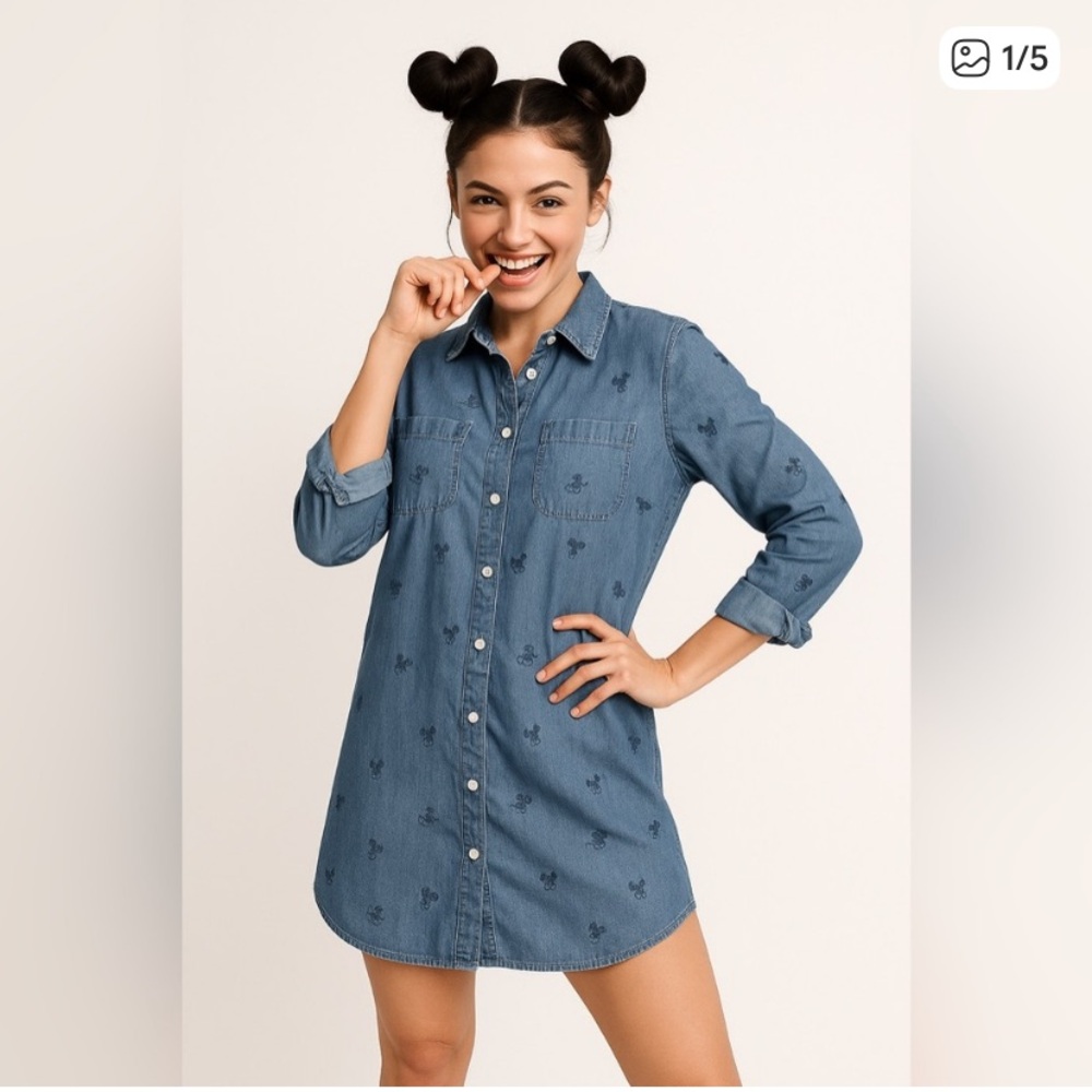 Disney Mickey Mouse Denim Chambray Shirt Dress Cotton Small - Picture 2 of 6
